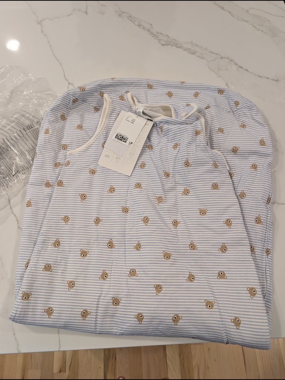 H&M Light Blue & White Striped Bear Print Sleep Sack 3-4years